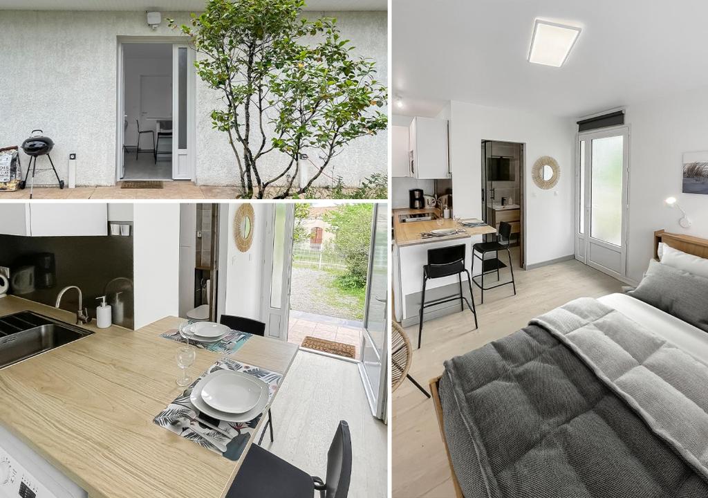 three different views of a kitchen and a living room at Studio entre Bordeaux et l&#39;Atlantique in Saint-Médard-en-Jalles