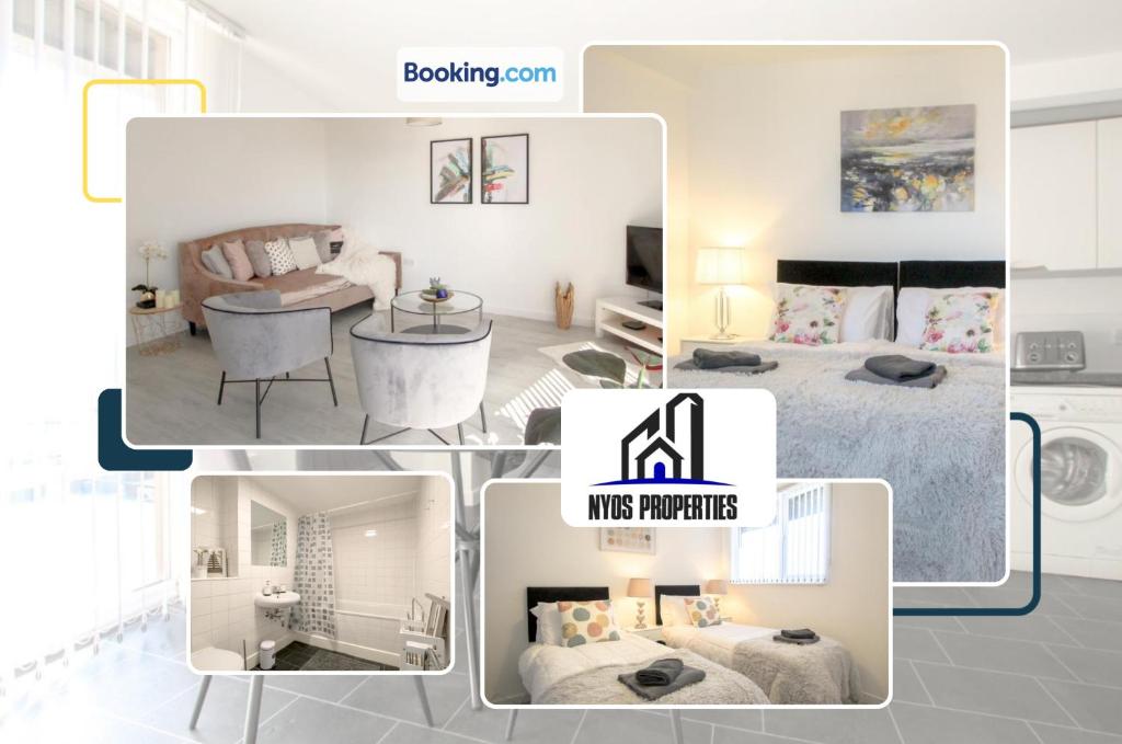 un collage de fotos de un dormitorio y una sala de estar en 2 Bed Apt City Centre By NYOS PROPERTIES Short Lets & Serviced Accommodation, en Mánchester