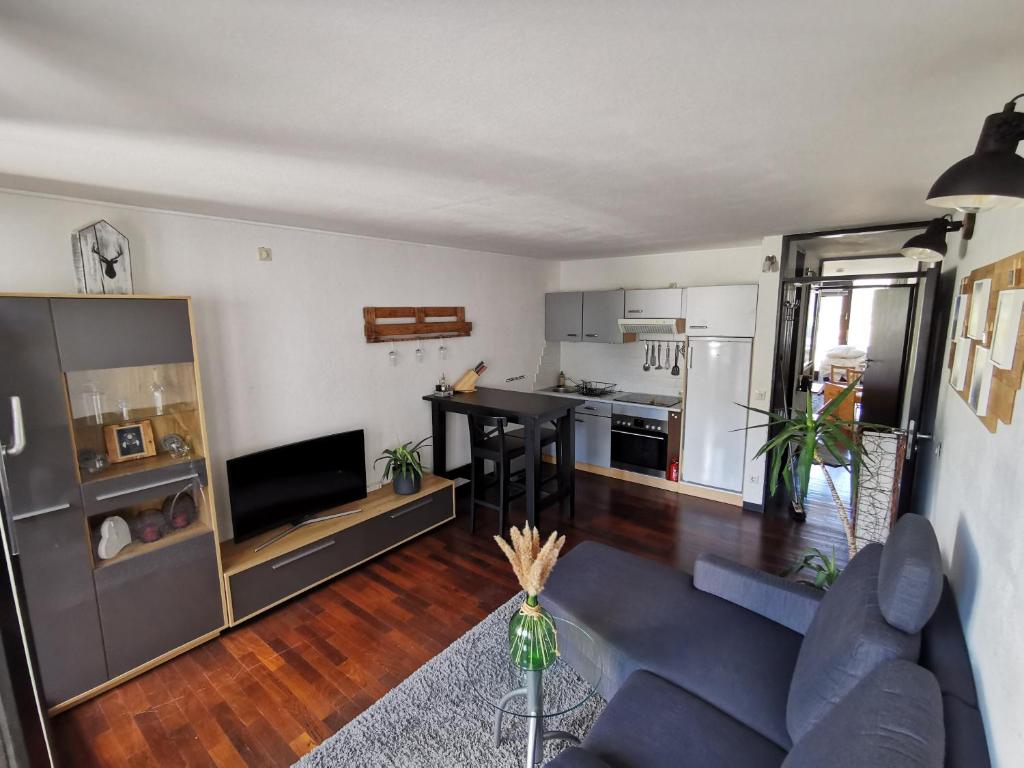 ein Wohnzimmer mit einem blauen Sofa und einer Küche in der Unterkunft Terrassenwohnung mit toller Aussicht & zentrumsnah in Hornberg