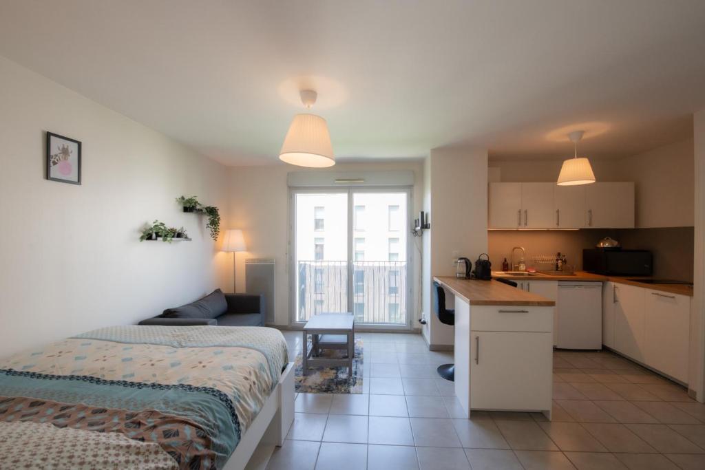 Cet appartement comprend une chambre avec un lit et une cuisine avec un comptoir. dans l'établissement Le Gaïa - Joli appartement au calme 10min du centre de Lyon, à Villeurbanne