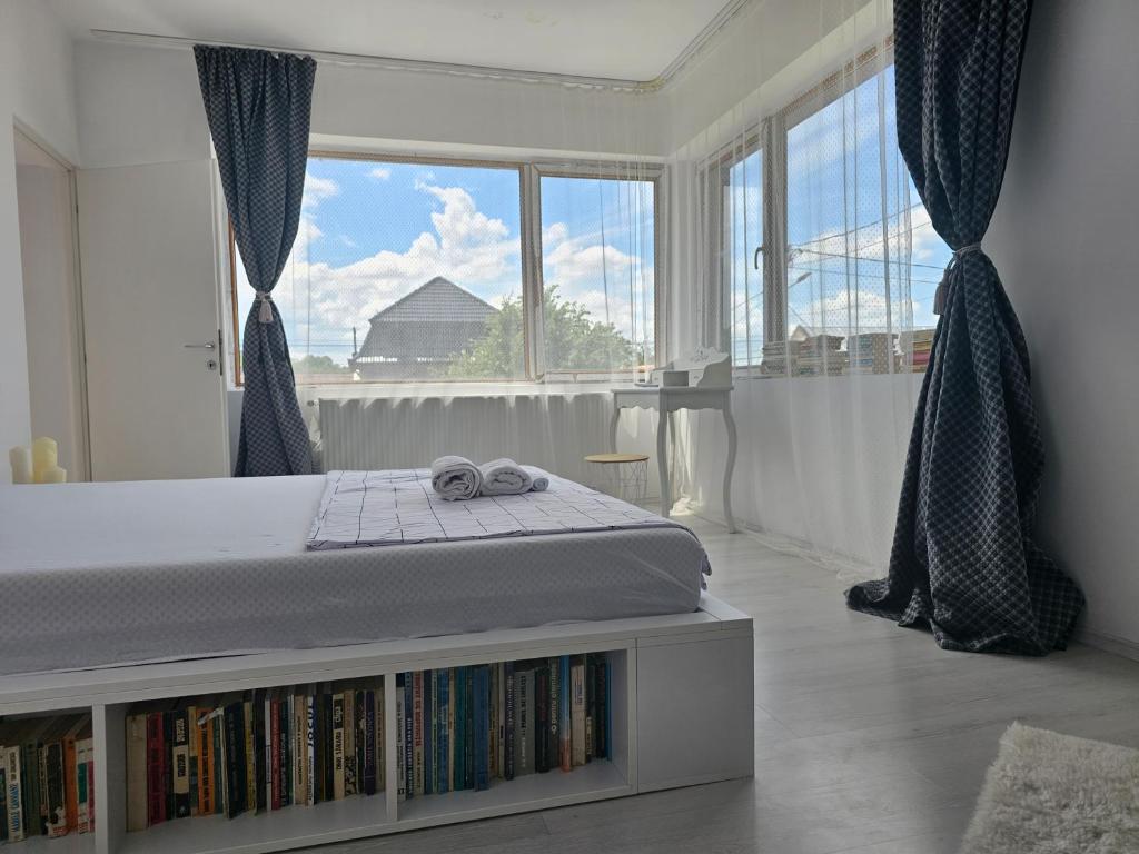 a bedroom with a bed and a book shelf with books at Family Vila Oravita in Oraviţa