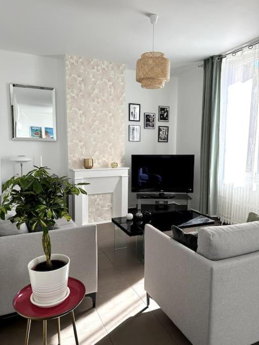 un salon avec un canapé et une table avec une plante dans l'établissement Bel et grand appartement-Proche toutes commodités, à Toulon