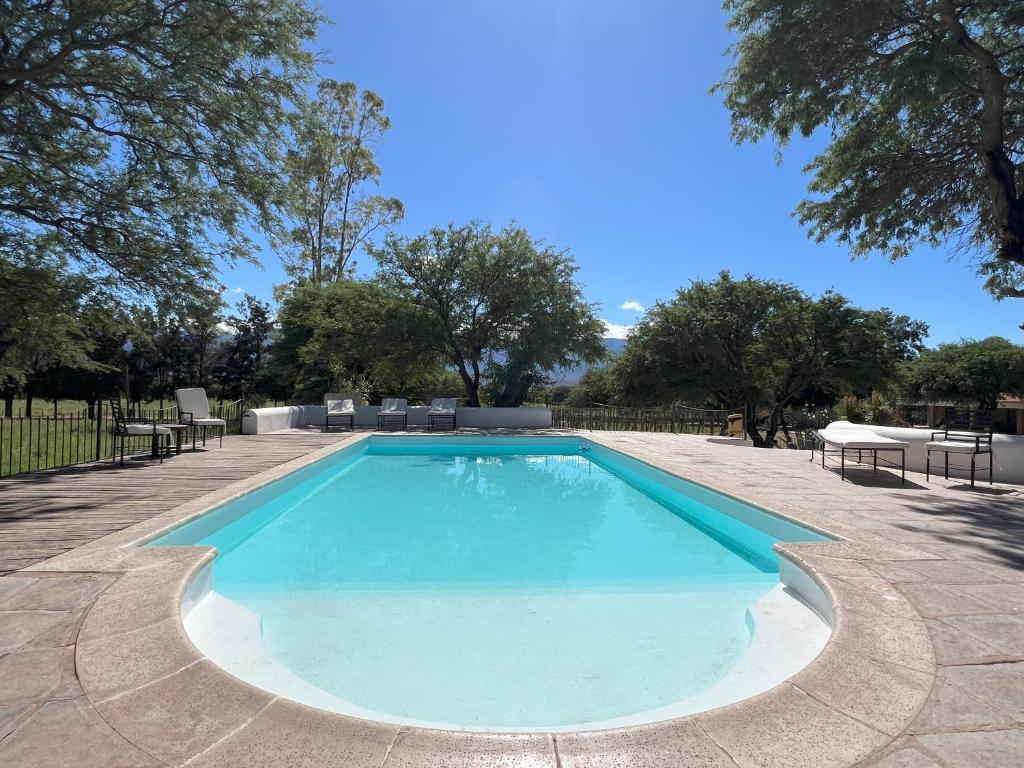een zwembad met blauw water in een tuin bij La Vaca Tranquila in San Carlos