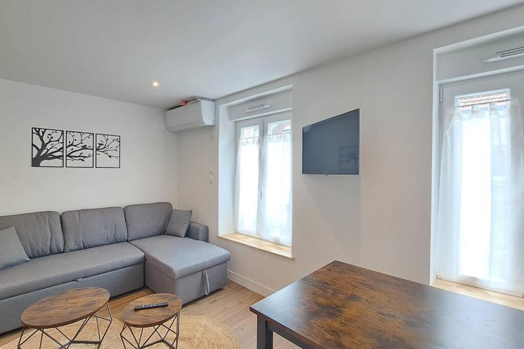 un salon avec un canapé et une table dans l'établissement Marbella, agreable appartement a Reims, à Reims