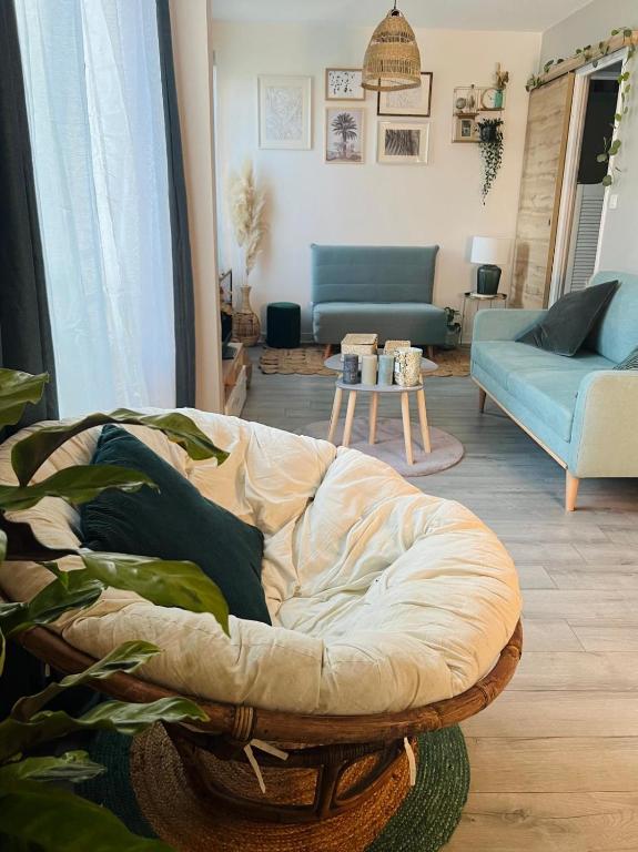 un salon avec un canapé et une chaise dans l'établissement Charmant & Cosy T2 Toulousain, à Toulouse