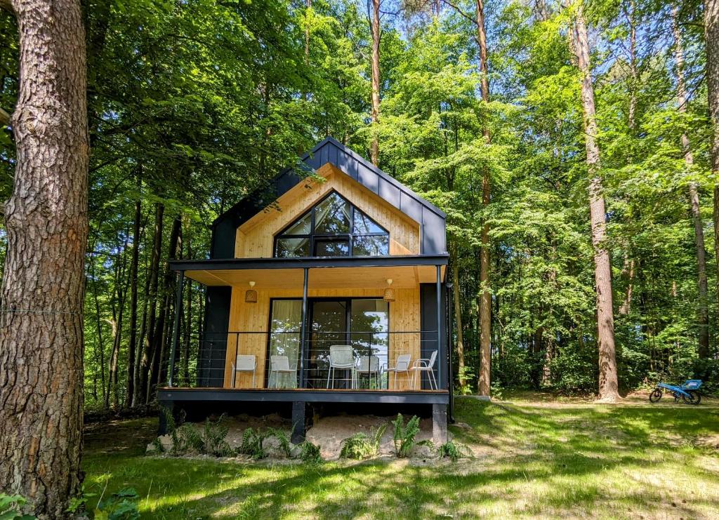 una casa en el bosque con un techo negro en Kaletka - cisza i przyroda en Iława
