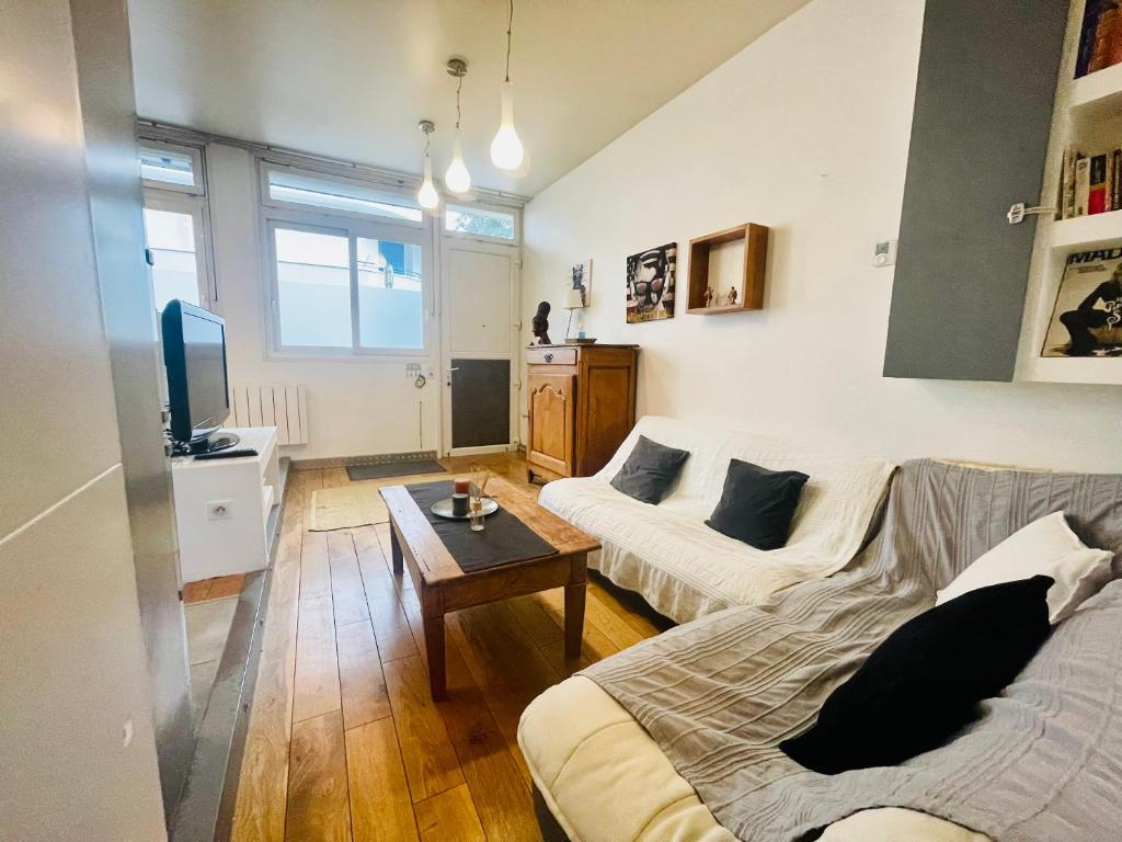 un salon avec deux canapés et une télévision dans l'établissement Le Loft de l Abbe, à Grenoble