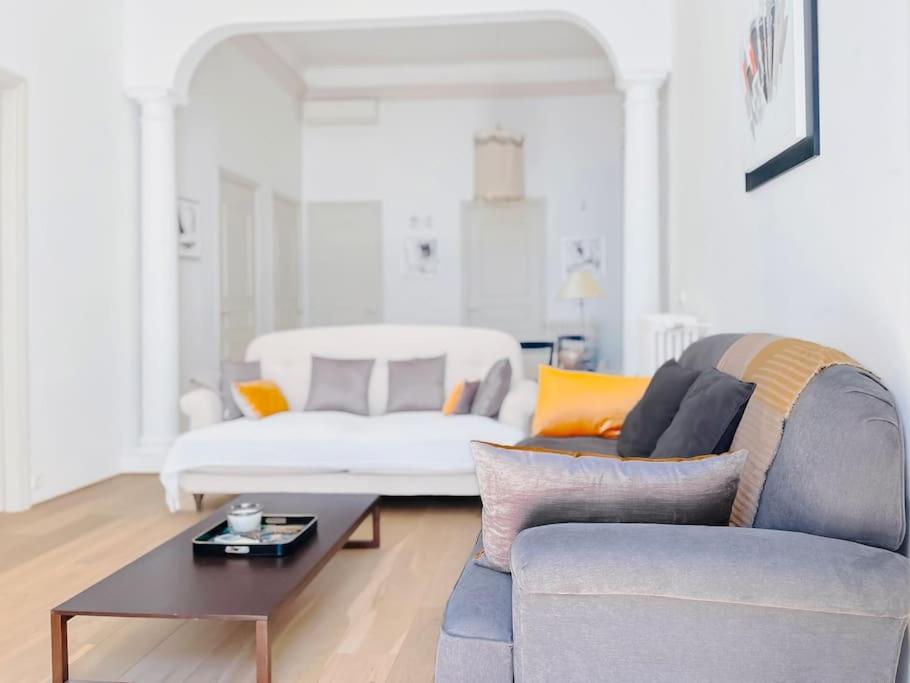 un salon avec un canapé et une table dans l'établissement Le Bel Époque - Logement Centre Cannes, à Cannes