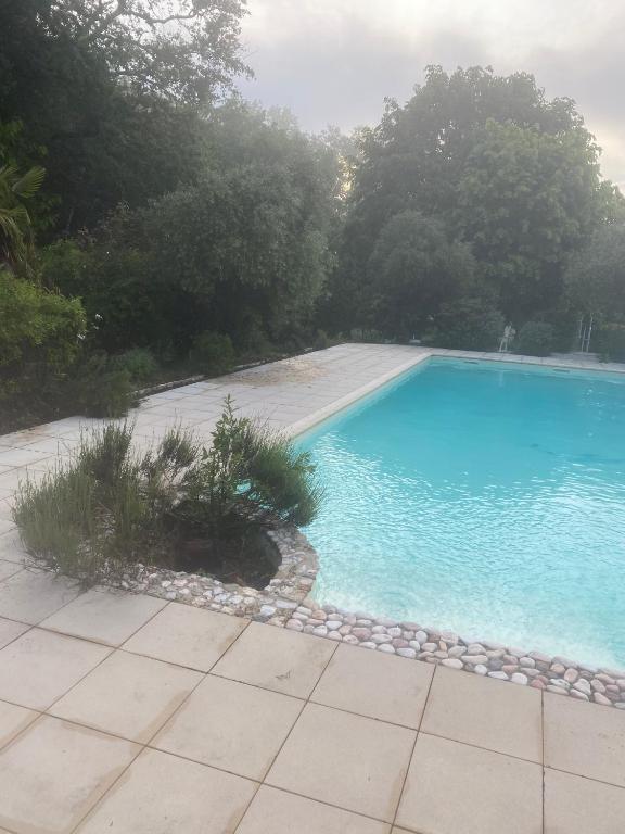 une grande piscine bleue avec des arbres en arrière-plan dans l'établissement Maison du camplat, à Saint-Mariens