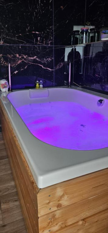 a bath tub covered in purple paint in a bathroom at Loft & spa d'Autan in Villefranche-de-Lauragais