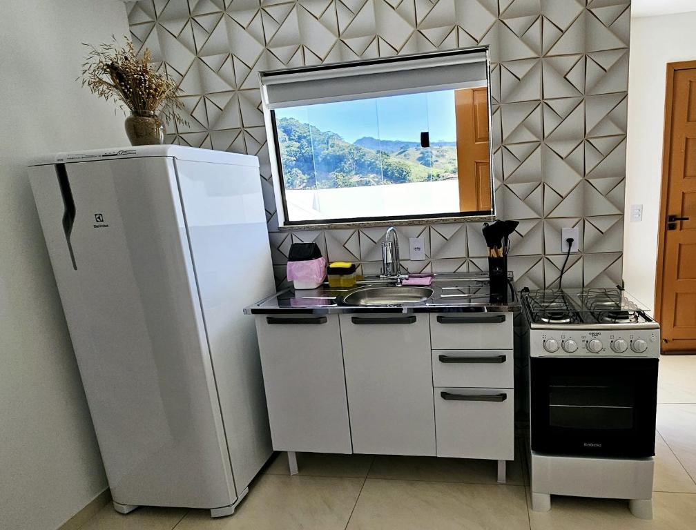 una cucina con frigorifero, lavandino e piano cottura di Cantinho na Serra - Apartamento a Santa Maria Madalena