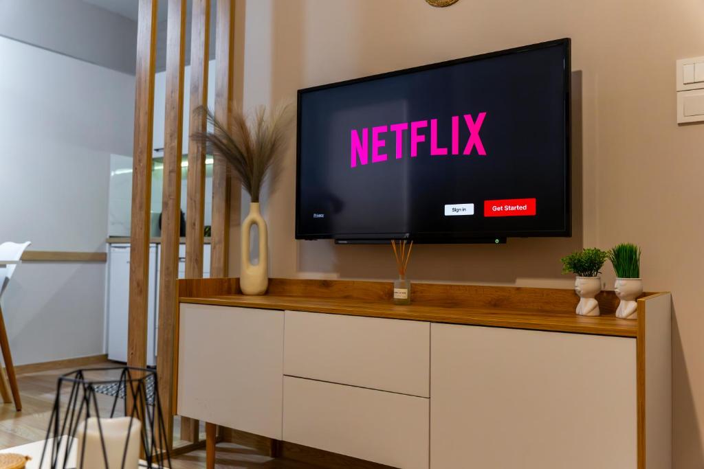Televízia a/alebo spoločenská miestnosť v ubytovaní NOVOS guesthouse Meteora
