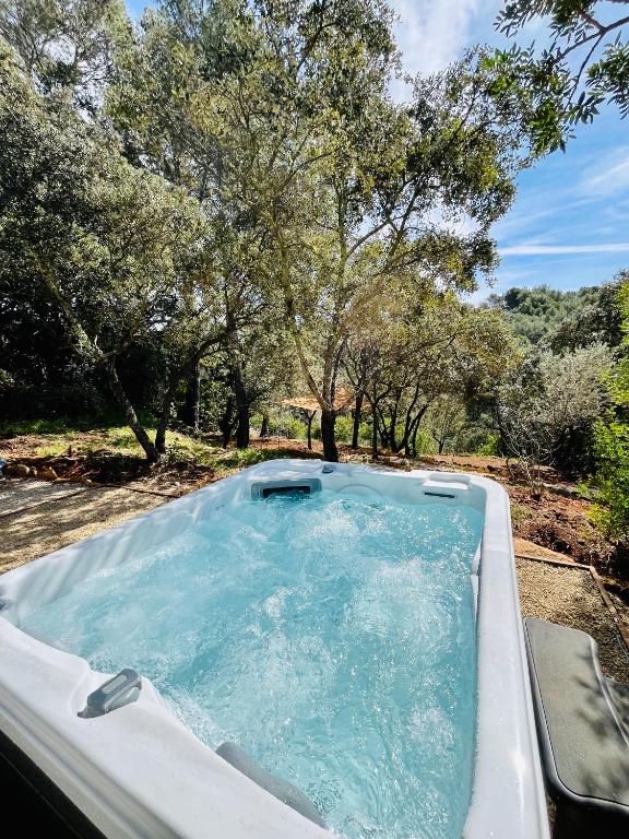 une baignoire jacuzzi dans une cour arborée dans l'établissement La grange des amoureux piscine jacuzzi et massages, au Beausset