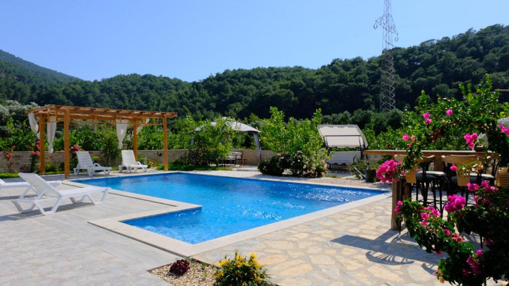 a swimming pool in a backyard with mountains in the background at Villa Dionyssos in Dalyan