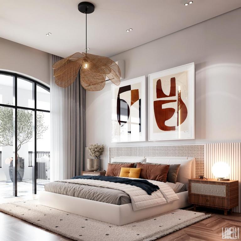 a bedroom with a large bed and a ceiling at Marina 7 Resort By Seven Seasons in El Alamein