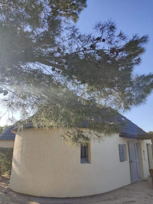 une petite maison blanche avec un arbre en face dans l'établissement Maisonnette de vacances, au Barcarès