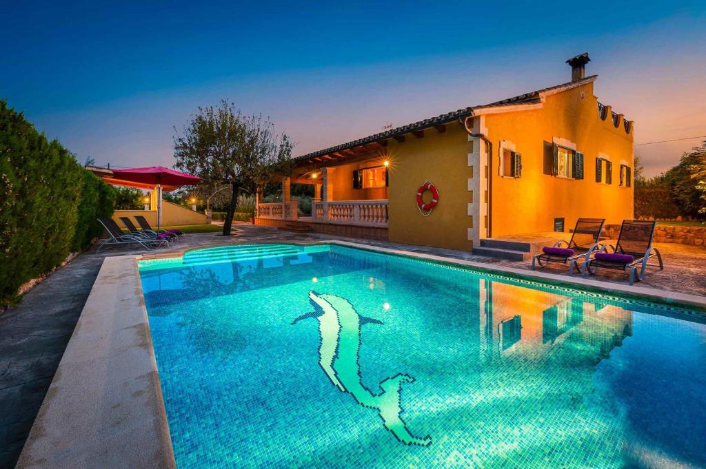 una piscina con un tiburón en el agua en Villa Raquel, en Pollensa
