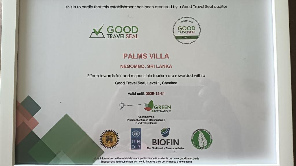 Certifikát, hodnocení, plakát nebo jiný dokument vystavený v ubytování Palms Villa