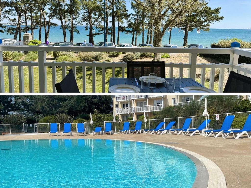 un collage de deux photos d'une piscine dans l'établissement Fouesnant, appartement pieds dans l'eau, vue mer, piscine chauffée, à Fouesnant
