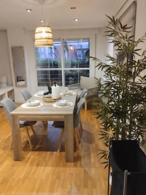 a dining room with a table and chairs and a plant at bonito piso zonas 1'5 del centro in Pamplona