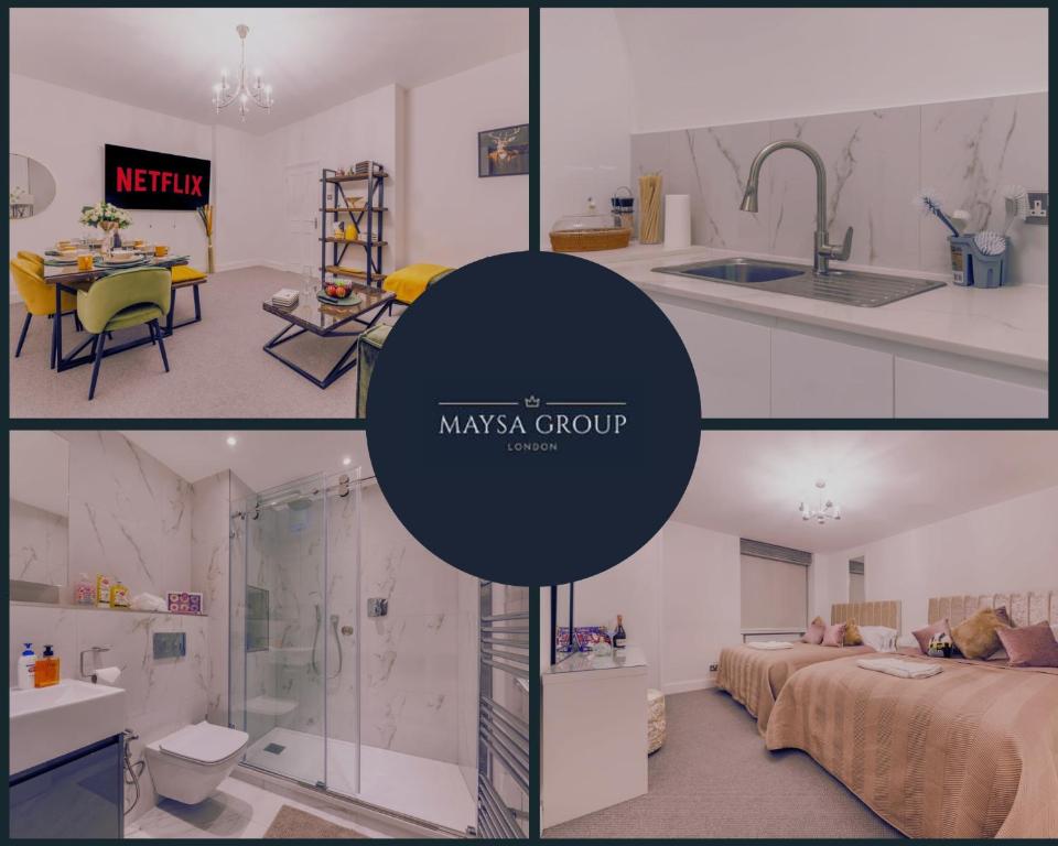 eine Collage mit Fotos einer Küche und einem Badezimmer in der Unterkunft Harley Street Spectacular Suites with High Ceilings, High Luxury in London