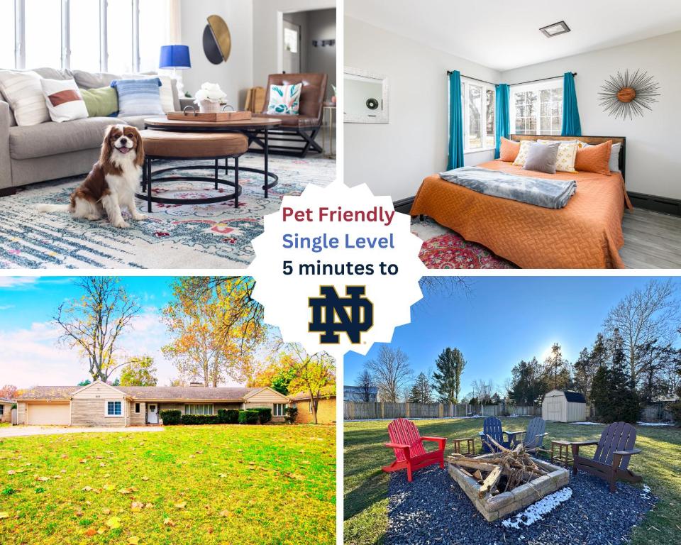 a collage of four pictures of a living room at Perfect Sprawling Ranch for Group Game Day Stay! King Beds, Firepit, & Pet Friendly with Huge Fenced Yard in South Bend