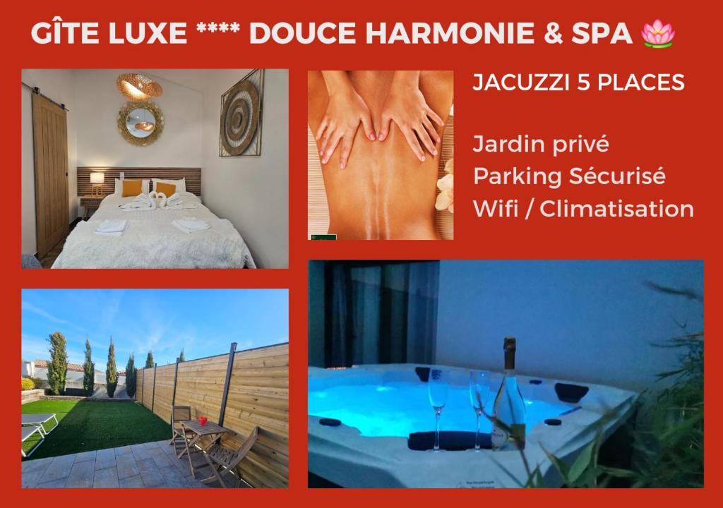 a collage of pictures of a room with a bed and a tub at Gîte Luxe DOUCE HARMONIE SPA & MASSAGES Offre Spéciale in Villemoustaussou