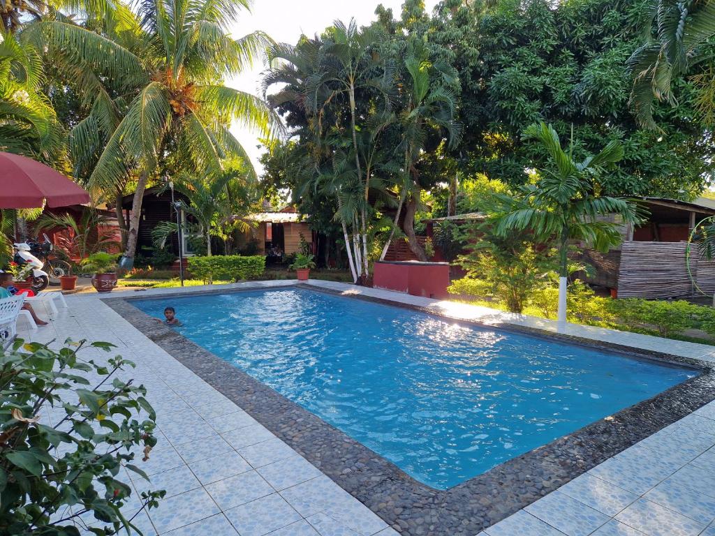 a large blue swimming pool in a yard with trees at Bungalow Chez Mouch Nosy Be 7 in Nosy Be