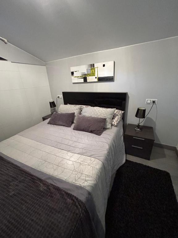1 dormitorio con 1 cama grande y 2 almohadas en A casa da charca en Puentecesures
