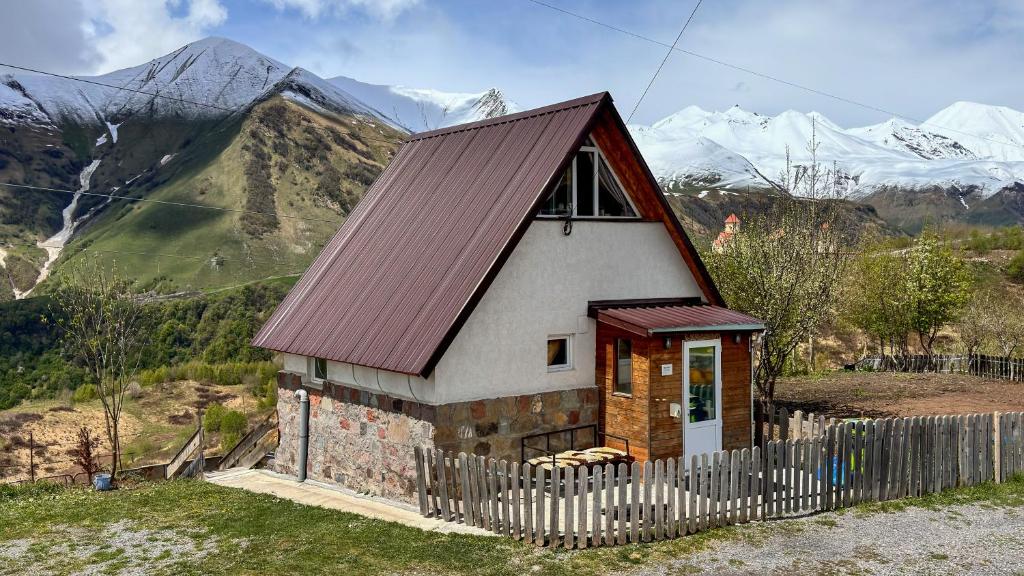 une petite maison avec un toit rouge sur une montagne dans l'établissement Cottage Gudauri, à Goudaouri