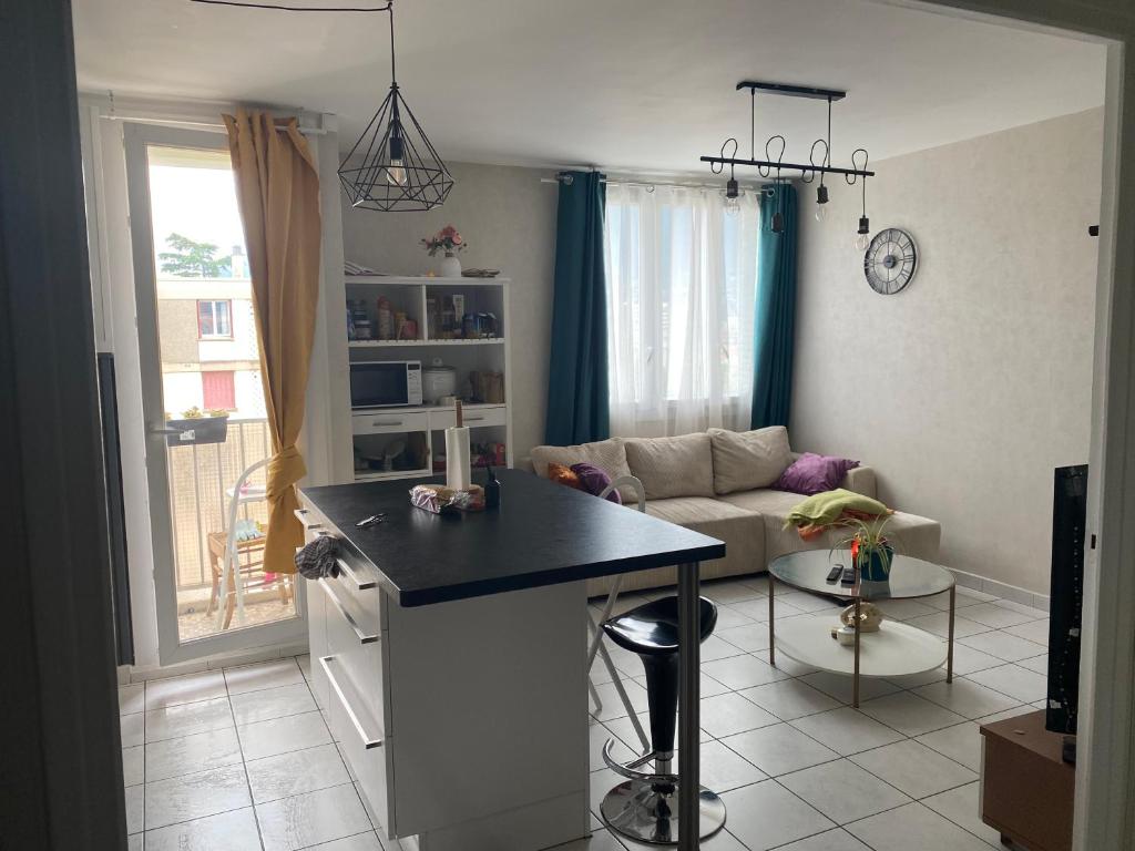 une cuisine et un salon avec un canapé et une table dans l'établissement Cosy T2 proche de l hyper centre de Grenoble, à Grenoble