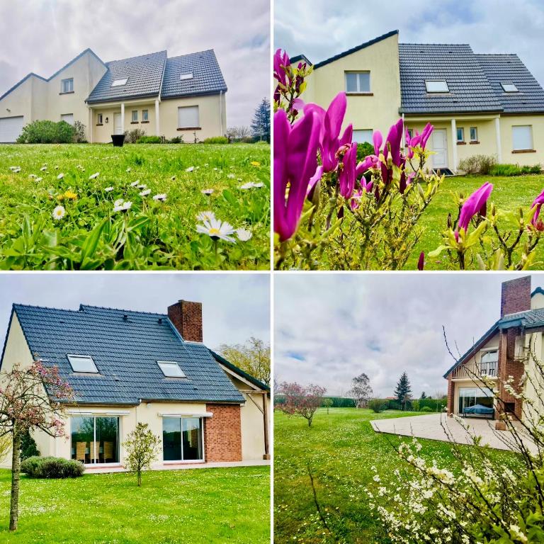 quatre photos différentes d'une maison et de fleurs dans l'établissement Chez Lucie et Compagnie pavillon familial avec beau jardin, à Vron