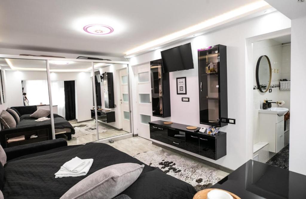 a bedroom with a bed and a large mirror at Black&White mountain - ADULTS ONLY in Petroşani