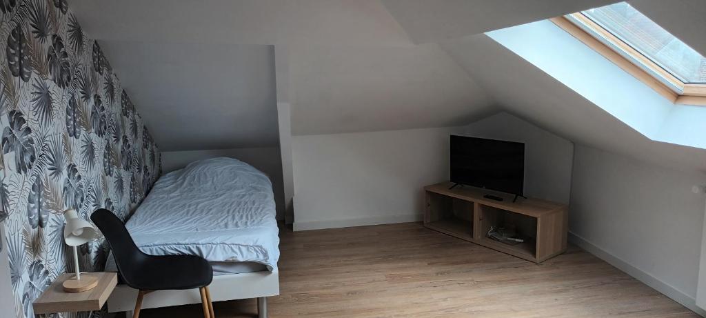 une petite chambre avec un lit et une télévision dans l'établissement La Phalecque, à Lille