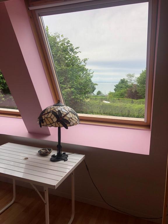 une lampe assise sur une table devant une fenêtre dans l'établissement Les orchidées, à Houlgate
