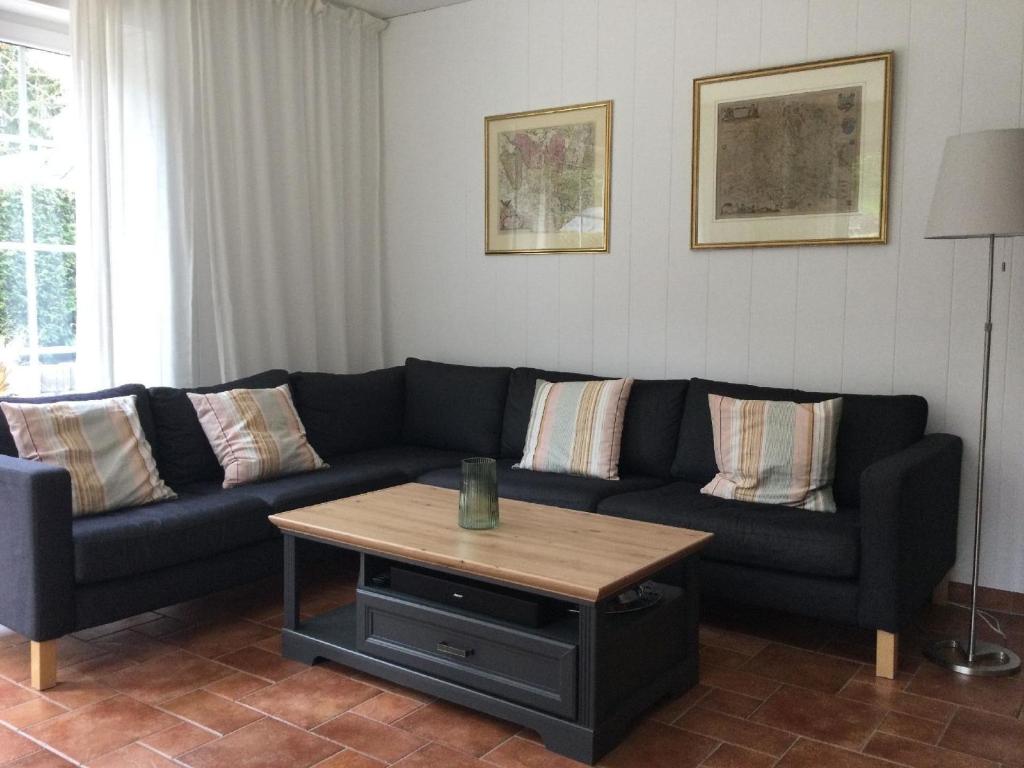 a living room with a couch and a coffee table at Ferienhaus Jolufelu , Urlaub zwischen See und Golfplatz in Göhren-Lebbin