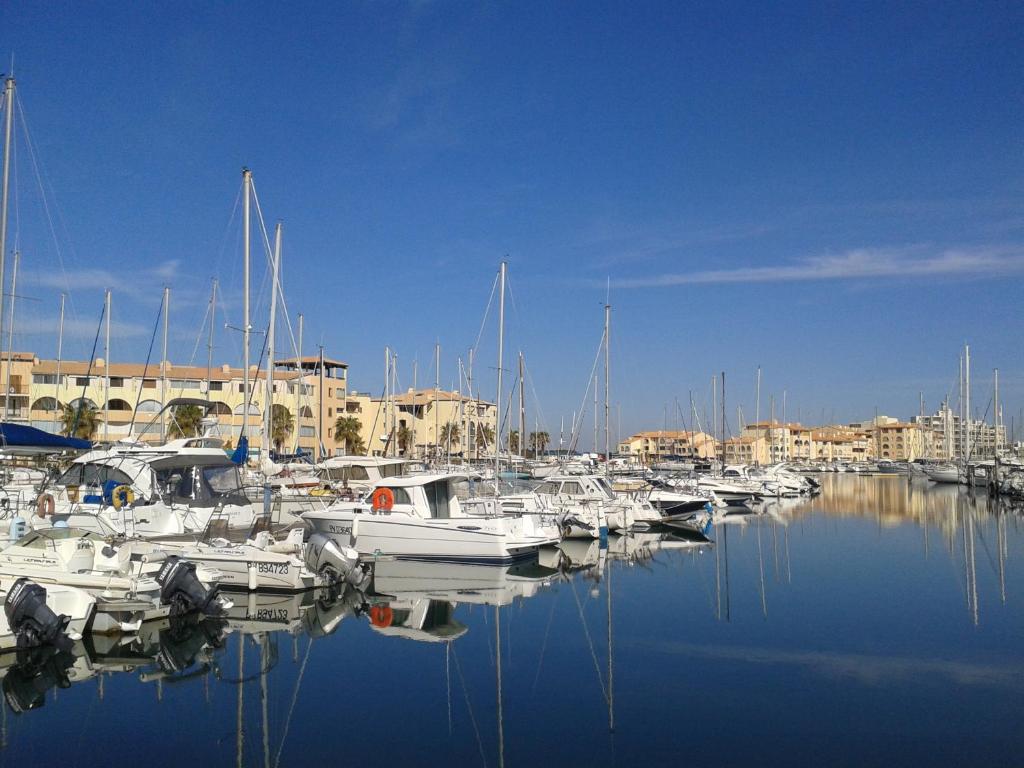 un groupe de bateaux amarrés dans un port de plaisance comportant des bâtiments dans l'établissement Port Leucate - Maison 4 personnes, à Port-Leucate