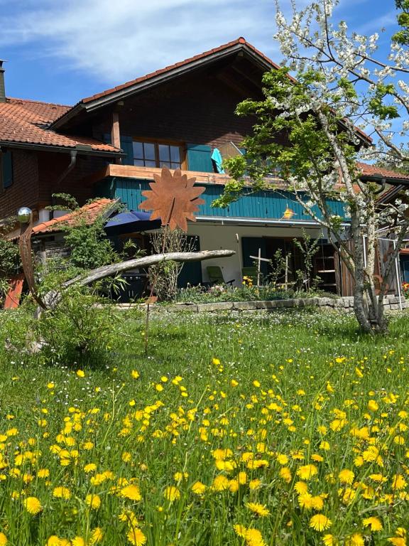 a field of flowers in front of a house at Alpenstyle Ferienwohnung mit Südbalkon in Geisteier's Hüs in Bad Oberdorf