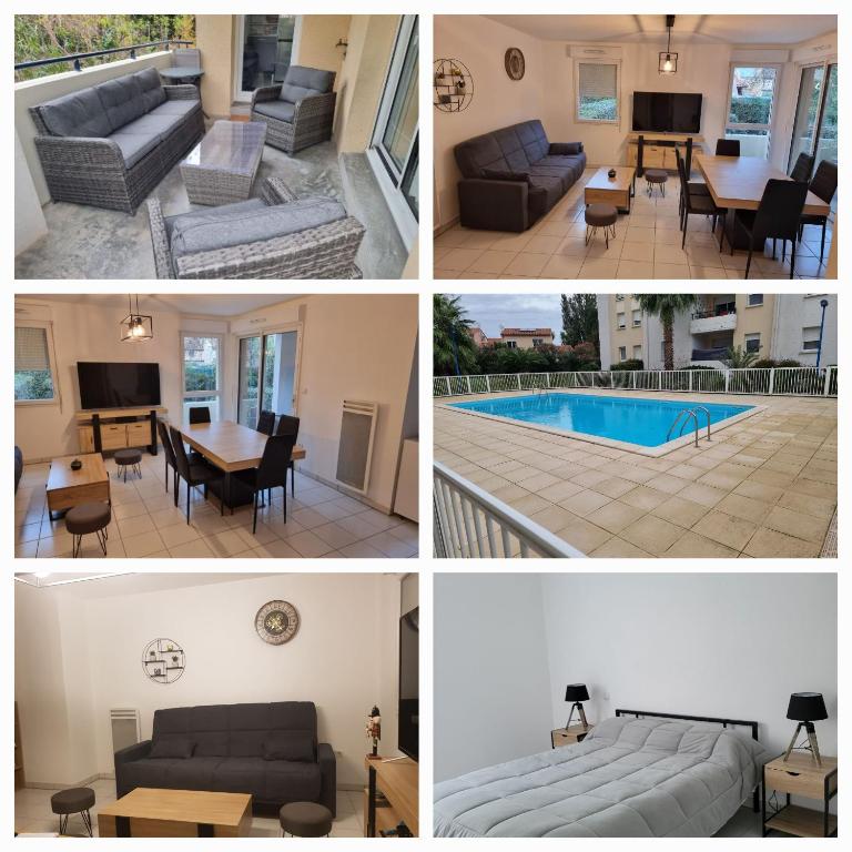 un collage de quatre photos d'un salon et d'une piscine dans l'établissement T3 au calme jardin piscine jusqu à 7 personnes, à Argelès-sur-Mer