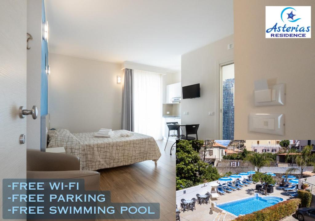 um quarto de hotel com piscina num quarto em Asterias Residence em Pizzo