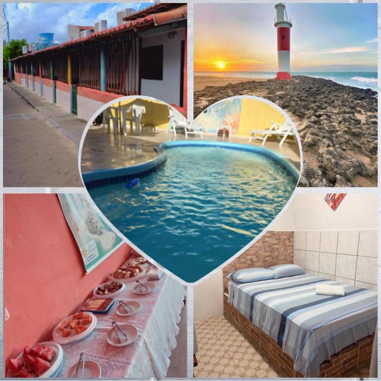 a collage of photos with a pool and a lighthouse at Pousada Galinhos in Galinhos