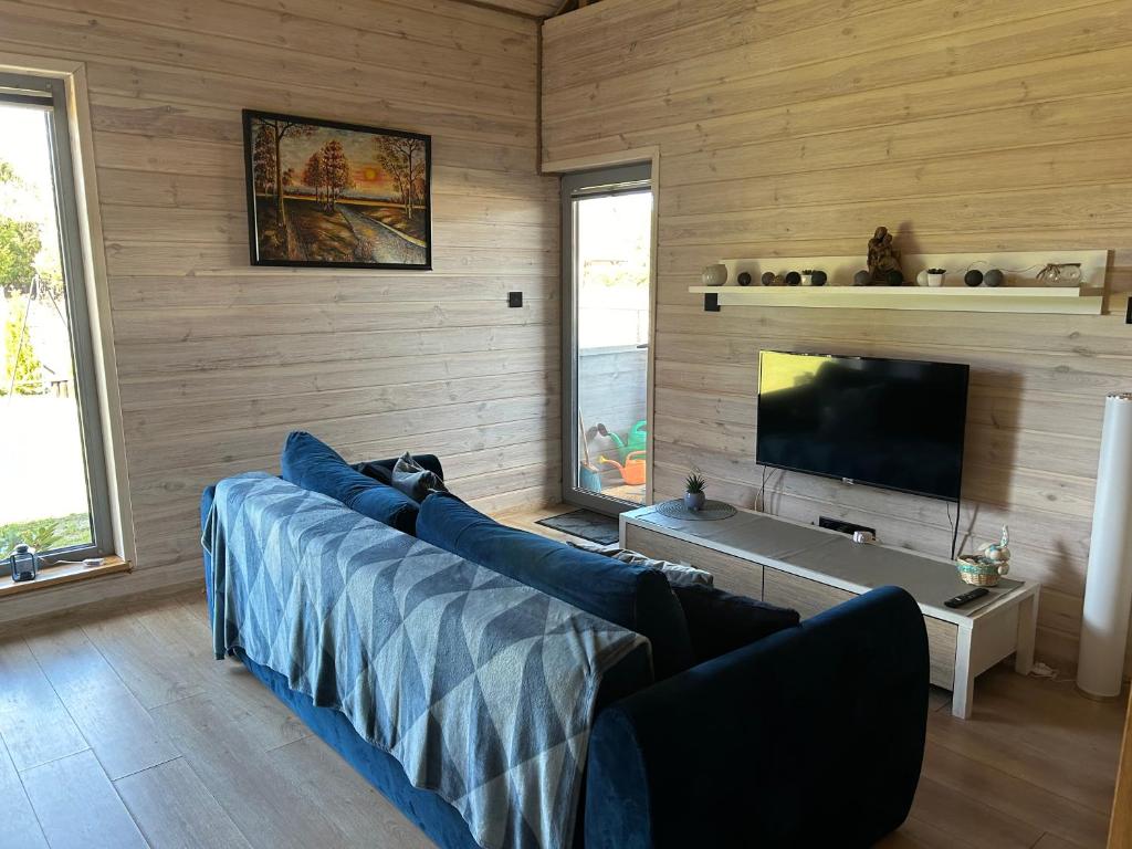 TV a/nebo společenská místnost v ubytování Mazury Dom Oluś nad jeziorem Sasek Wielki z gorącą balia z funkcją jakuzzi