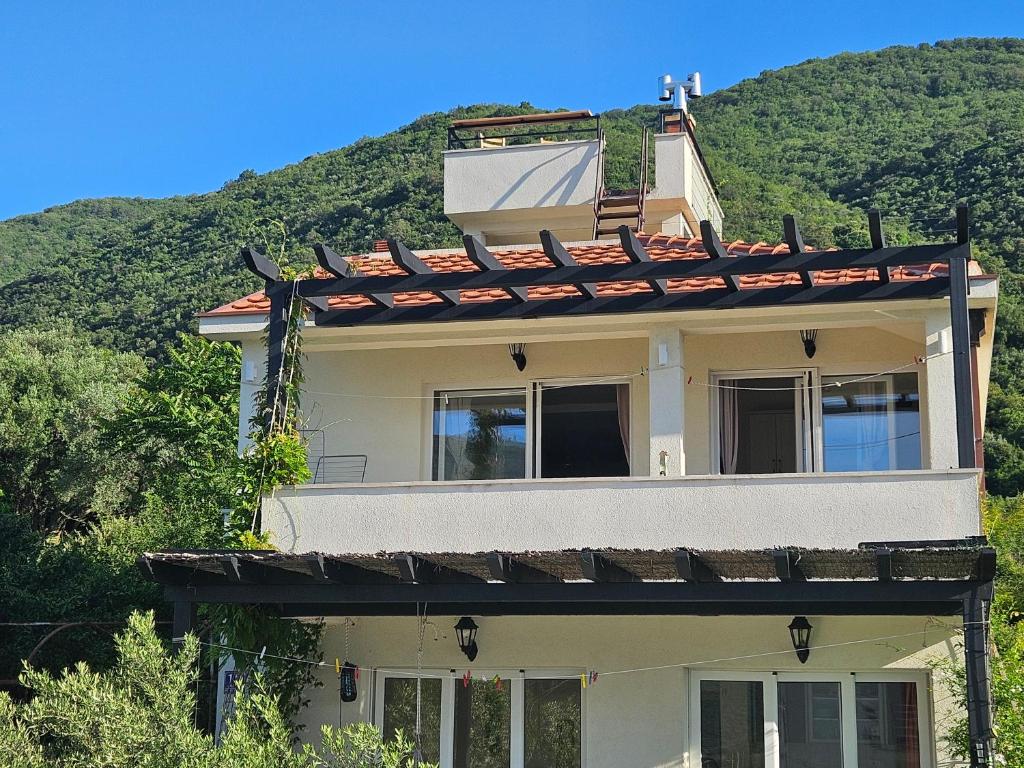 ein Haus mit einem Berg im Hintergrund in der Unterkunft VanjAna 2 in Ðenovići