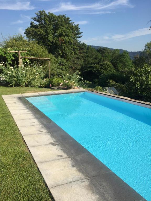 a blue swimming pool in a yard with trees at Casetta in giardino con piscina in Luino