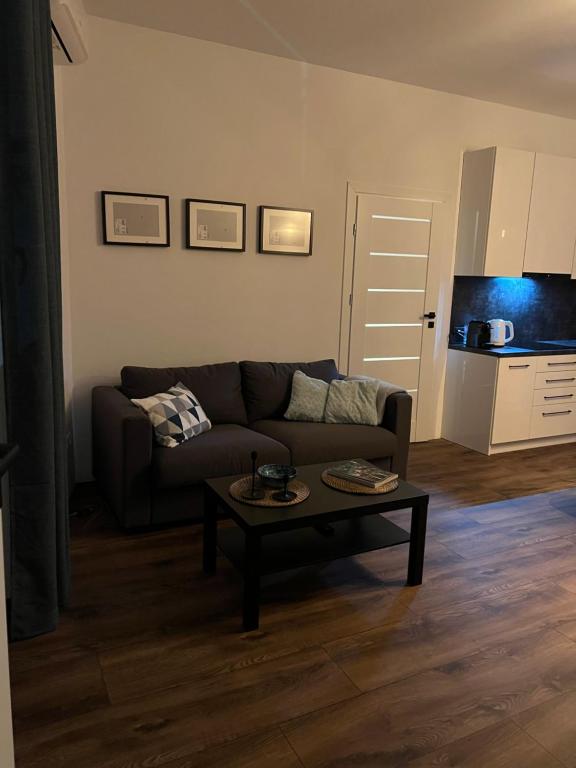 a living room with a couch and a coffee table at "SALERNO" Apartament w GIFFONI VALLE PIANA dla 6 osób, klimatyzowany, w pełni wyposażony in Giffoni Valle Piana