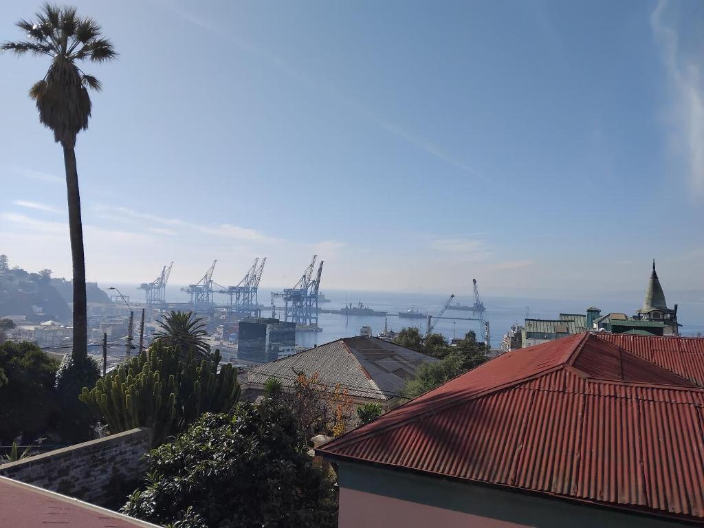 vistas a una ciudad con una palmera y un puerto en Hotel Montealegre, en Valparaíso