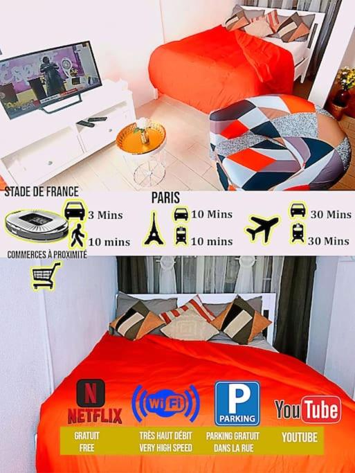 Cette chambre comprend un lit à baldaquin et une télévision. dans l'établissement La Détente Porte de Paris Stade de France, à Saint-Denis