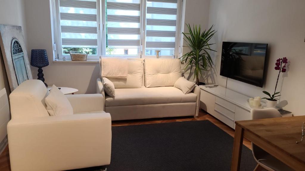 uma sala de estar com um sofá branco e uma TV em Luksuzni stan u Starom Gradu em Saraievo