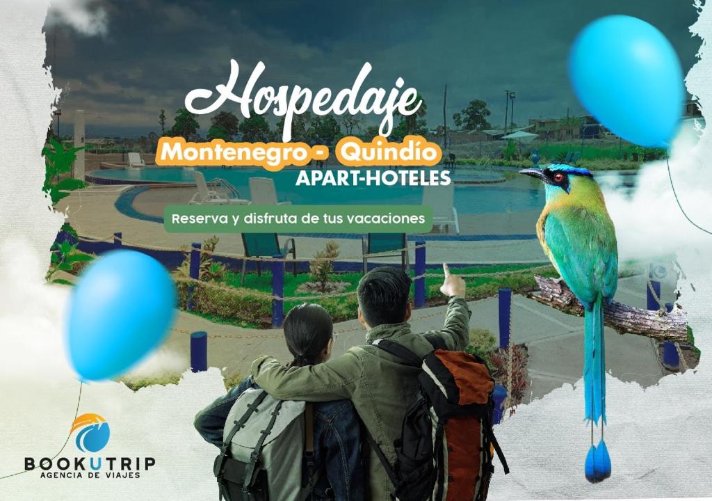two people looking at a zoo with blue balloons at APARTAHOTELES BOOKUTRIP 2km PARQUE DEL CAFÉ in Montenegro