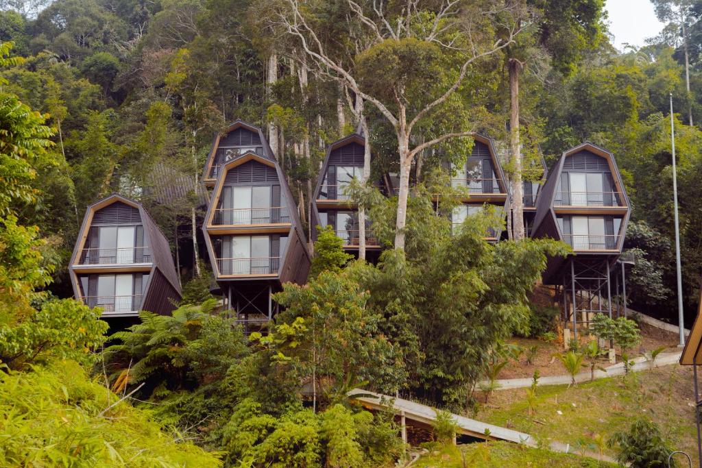 una fila di cottage su una collina con alberi di Vanavasa Resort a Bentong